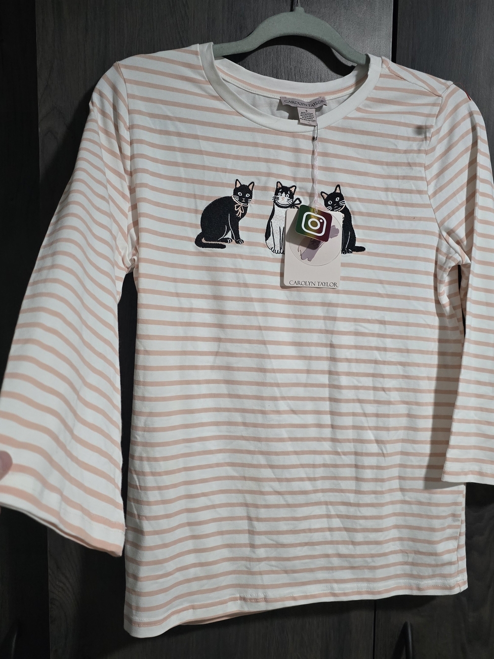 Carolyn Taylor Cream and Pink/peach Striped 3/4 Sleeve Tee with Cat Trio Stitche